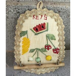 Vintage Woven Raffia Embroidered Fruit Keys Wall Holder 3 Hooks EUC